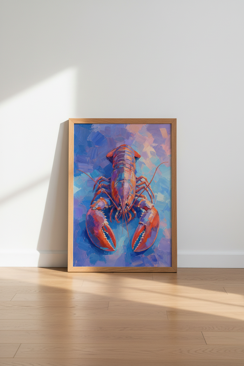Abstract Lobster Wall Art | Vibrant Blue & Orange Nautical Decor | Modern Seafood Poster