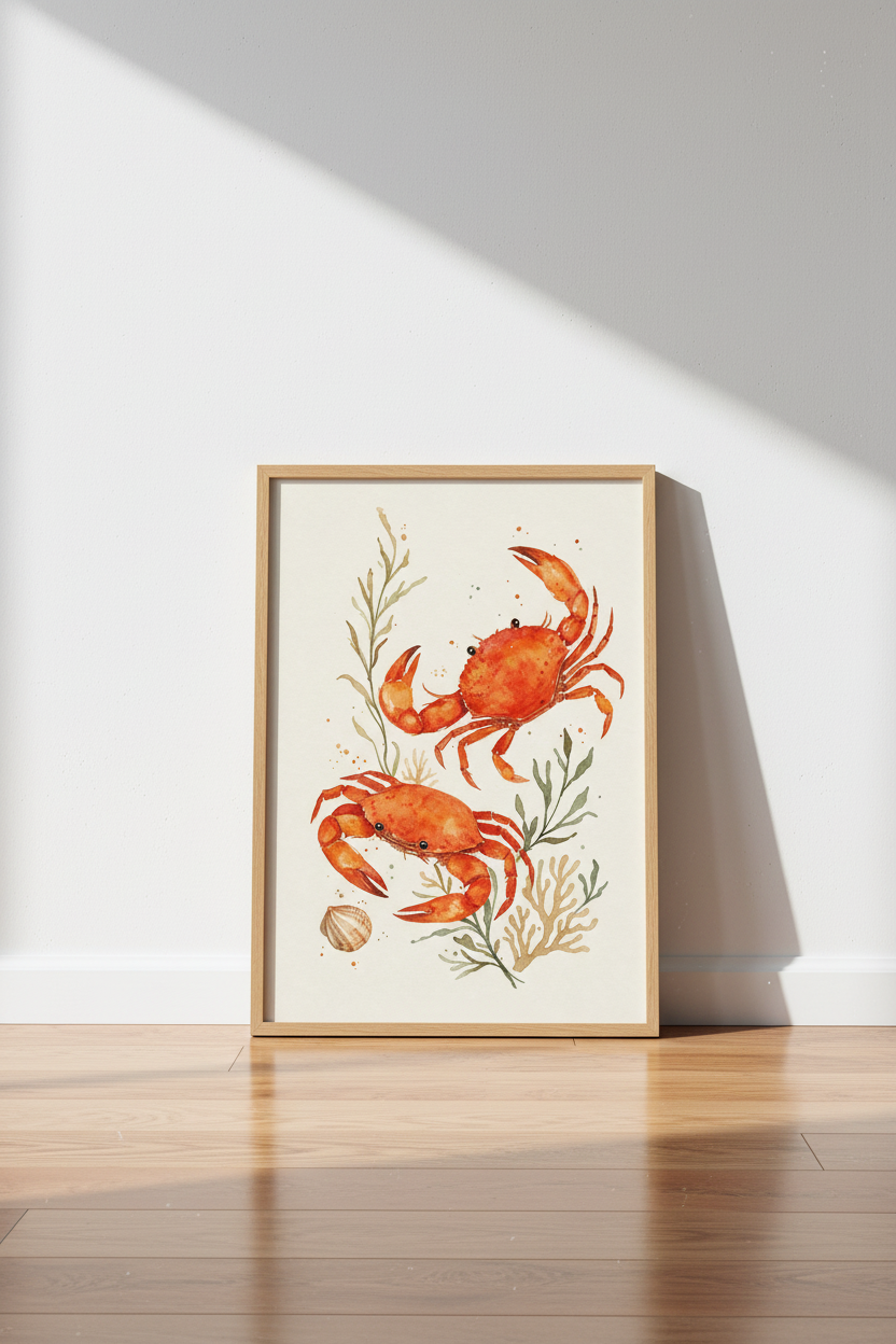 Watercolor Crab Wall Art | Coastal Beach House Decor | Nautical Poster