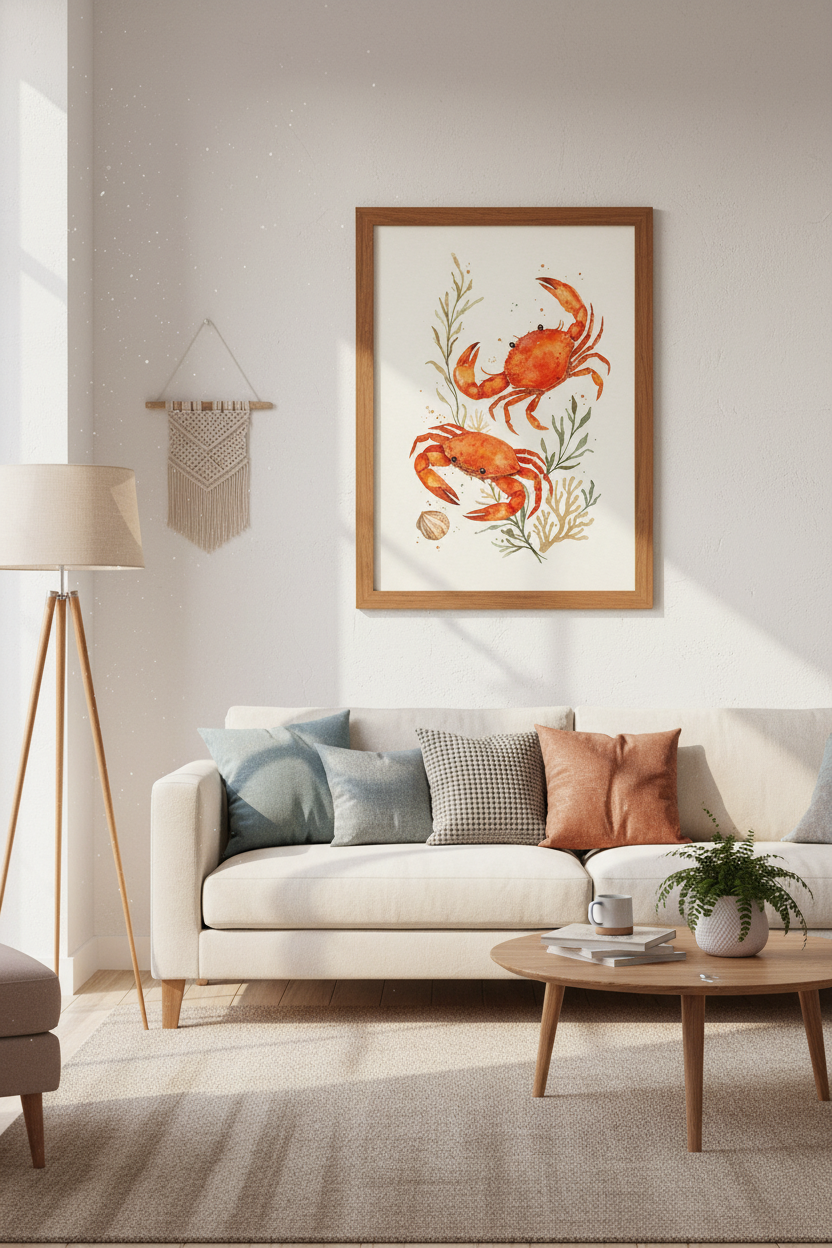 Watercolor Crab Wall Art | Coastal Beach House Decor | Nautical Poster