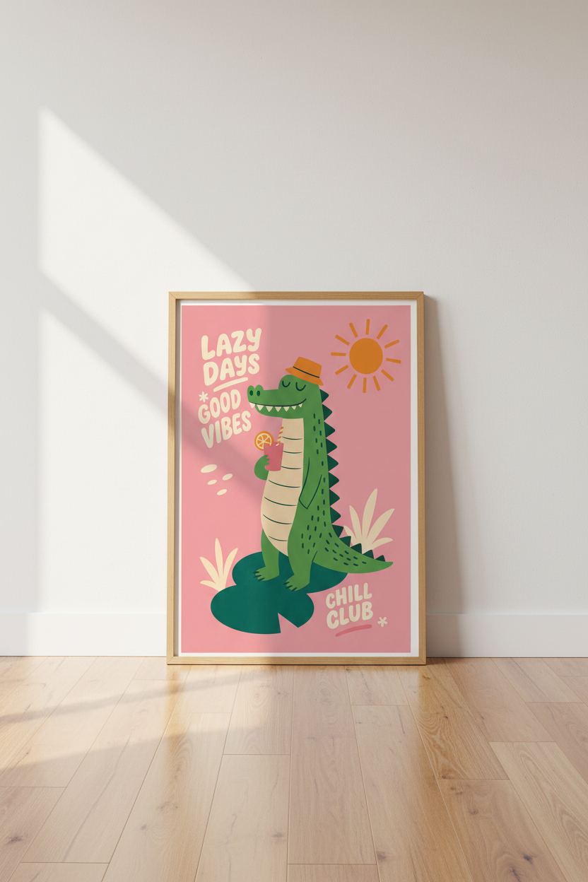 Funny Crocodile Wall Art | Pink Tropical Summer Poster, Kids Room & Dorm Decor