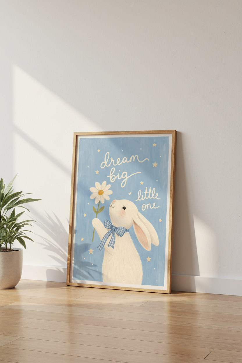 Bunny Nursery Wall Art Print | Dream Big Little One | Blue Kids Room Decor