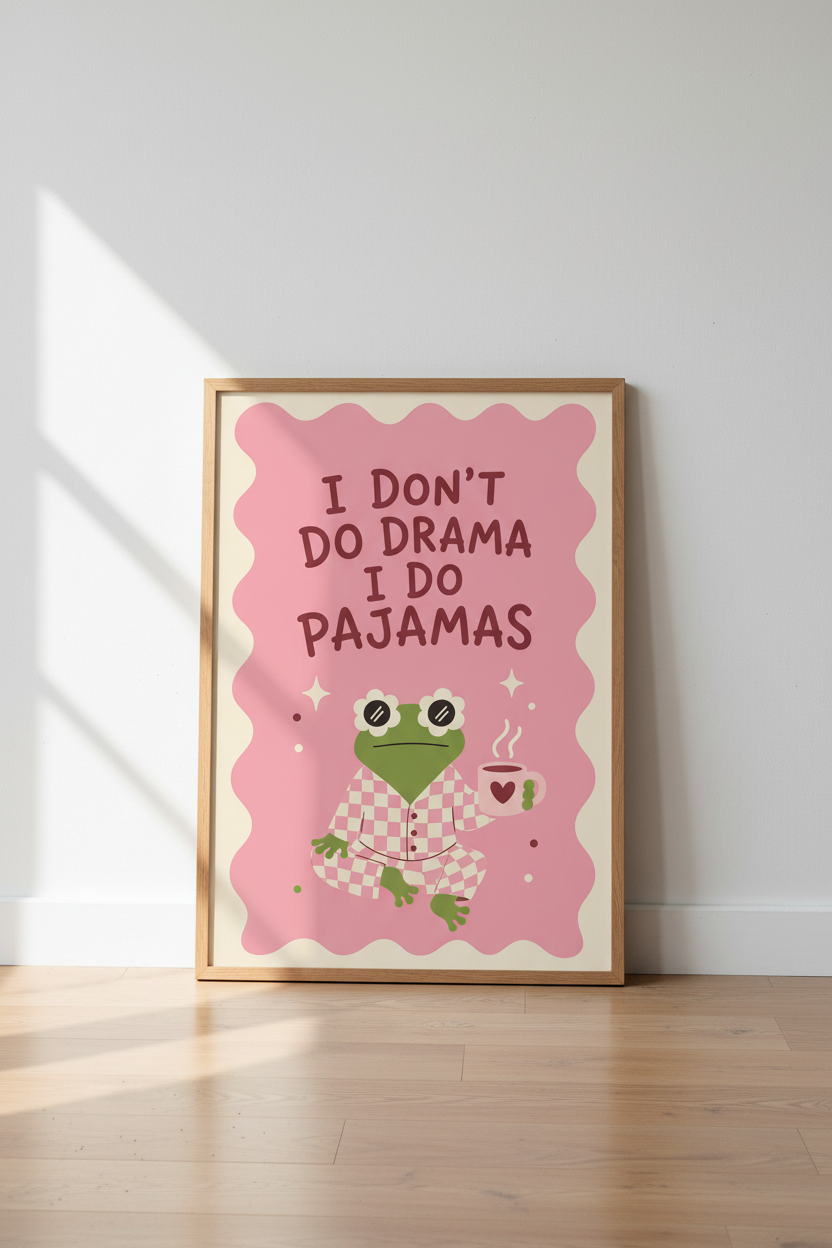 Funny Pajama Frog Wall Art | Pastel Pink Retro Poster, Dorm & Bedroom Decor