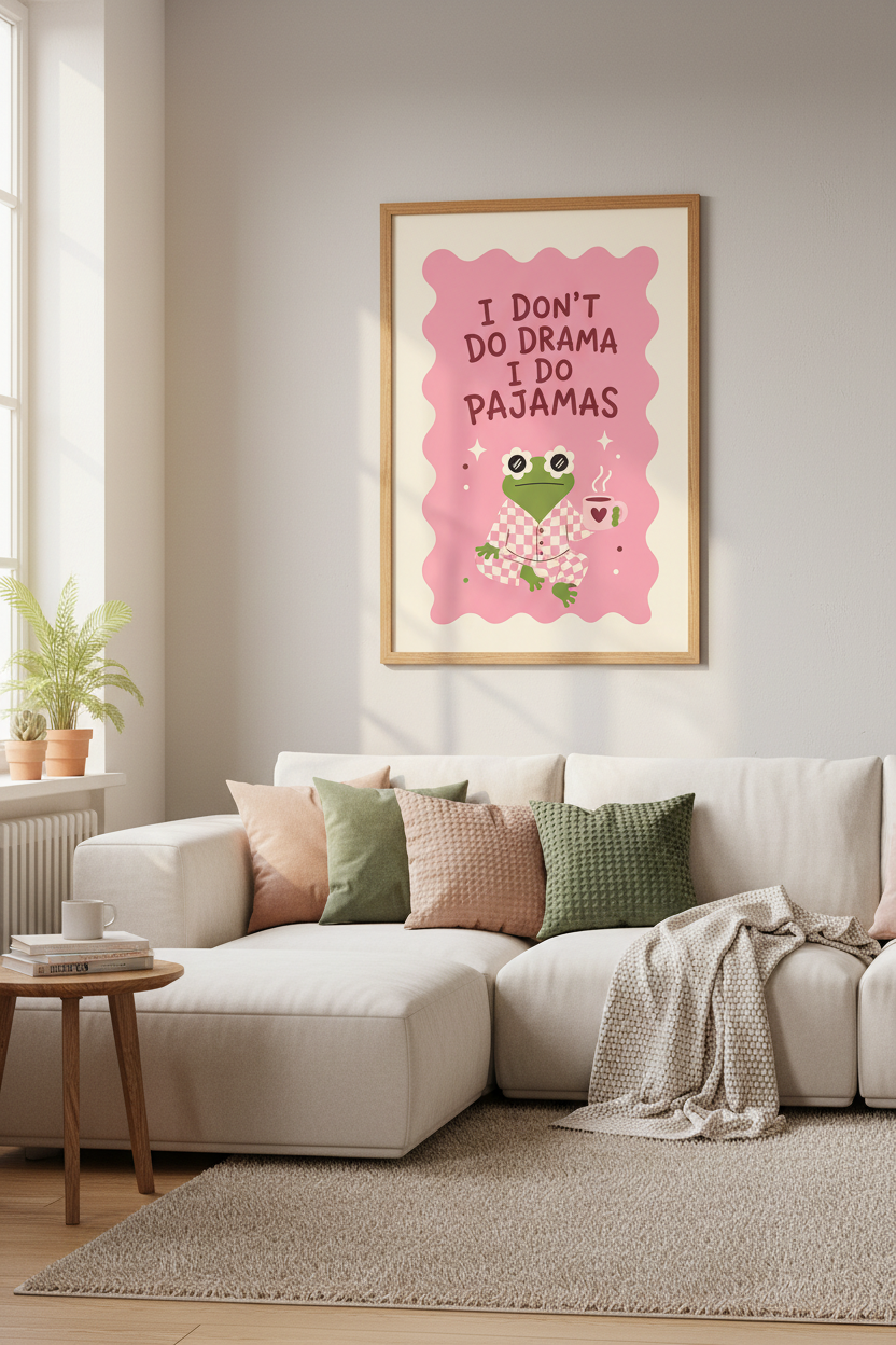 Funny Pajama Frog Wall Art | Pastel Pink Retro Poster, Dorm & Bedroom Decor