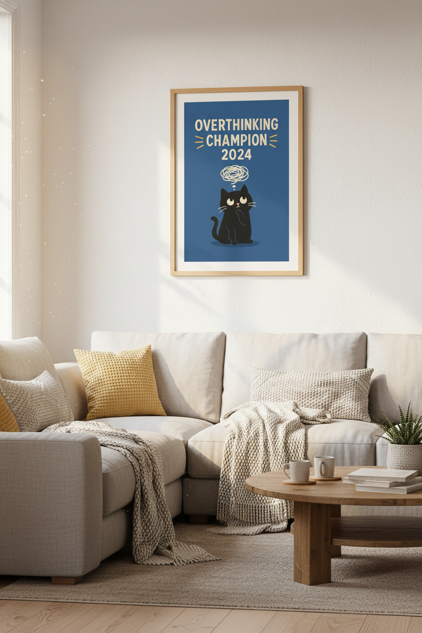 Funny Cat Overthinking Champion 2024 Print | Office Humor | Navy Blue Wall Art