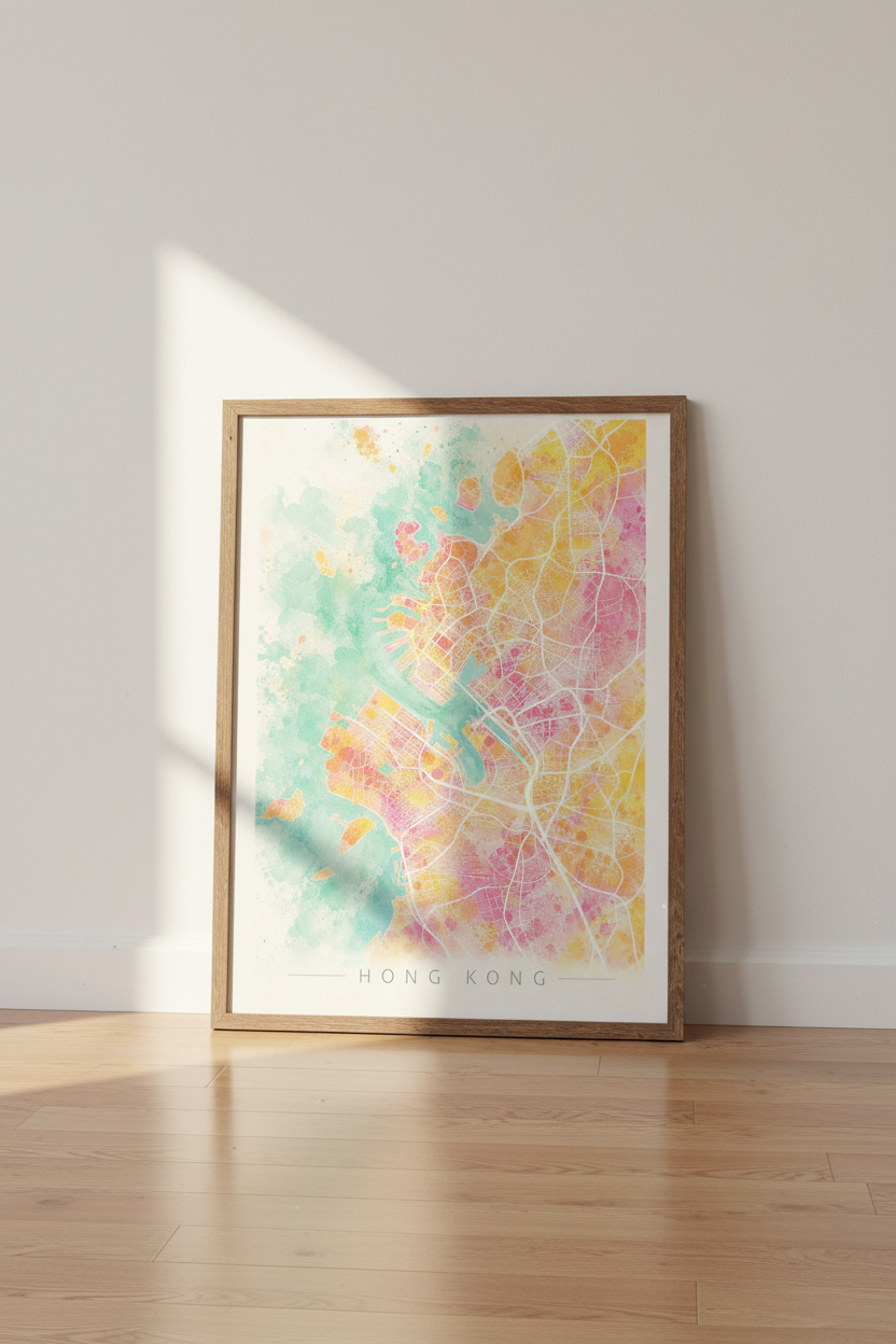 Hong Kong City Map | Watercolor Pink Teal Wall Art, Modern Travel Poster