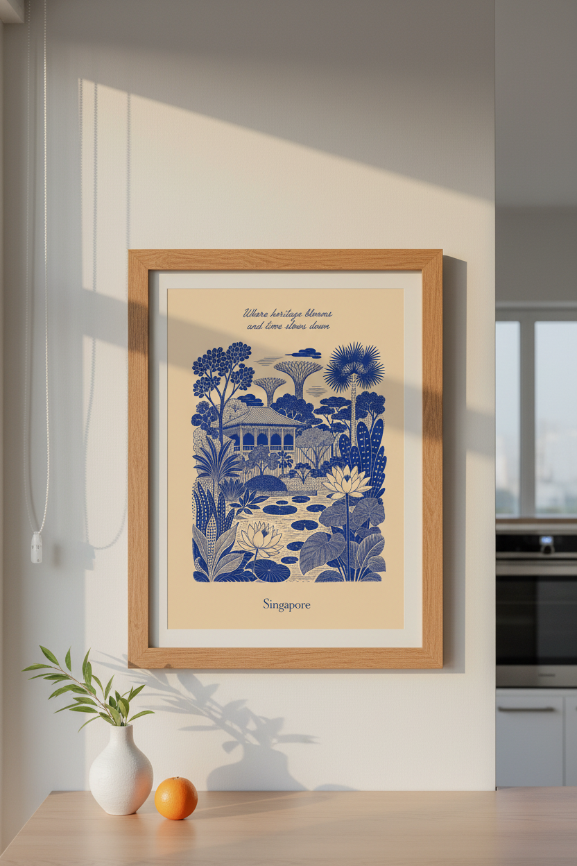 Singapore wall art | Navy ink, living room decor