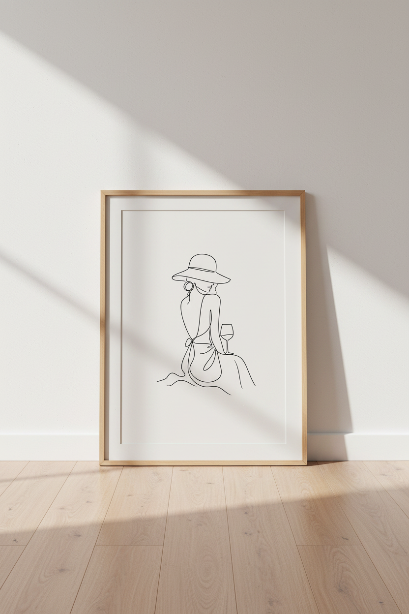 Minimalist Woman with Wine Line Art Print | Chic Kitchen Decor | French Aesthetic Poster