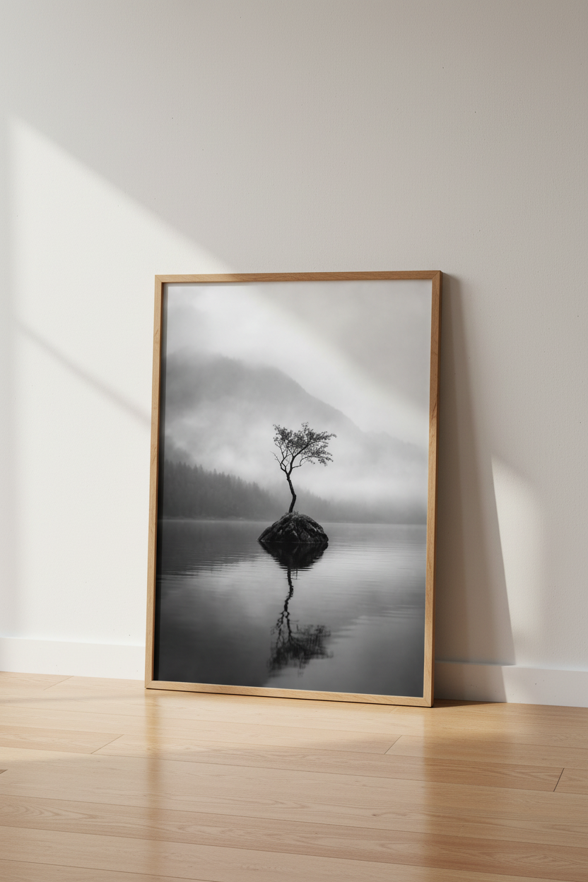 Zen Nature Wall Art Print | Black and White Misty Lake Poster | Minimalist Decor