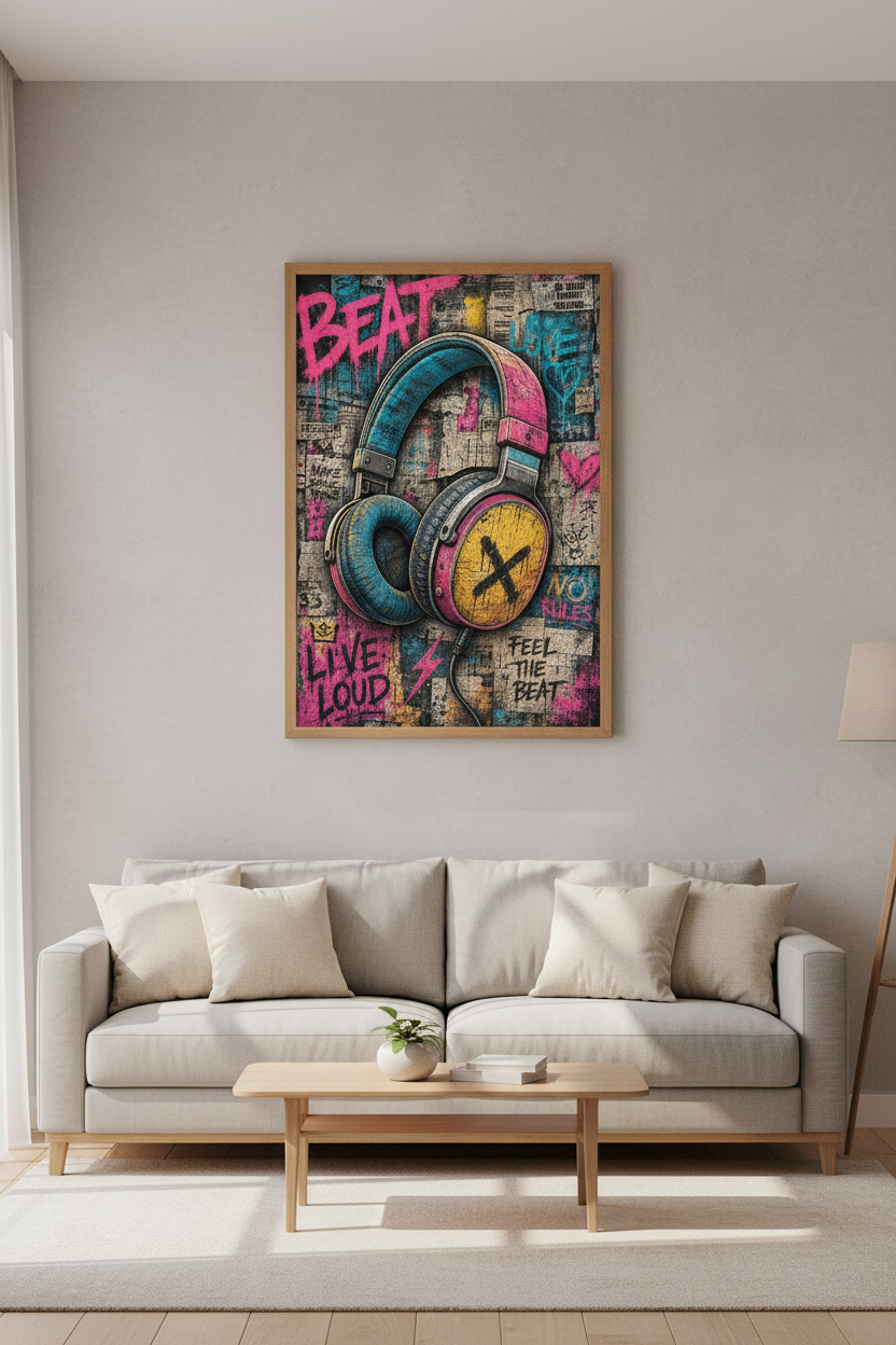 Graffiti Headphones Wall Art | Urban Street Art Poster, Music Room Decor
