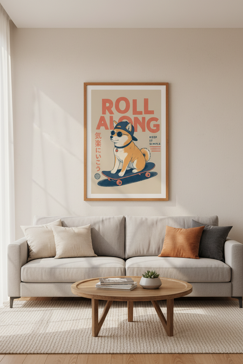 Shiba Inu Skateboard Art | Retro Japanese Style, Streetwear Decor Poster