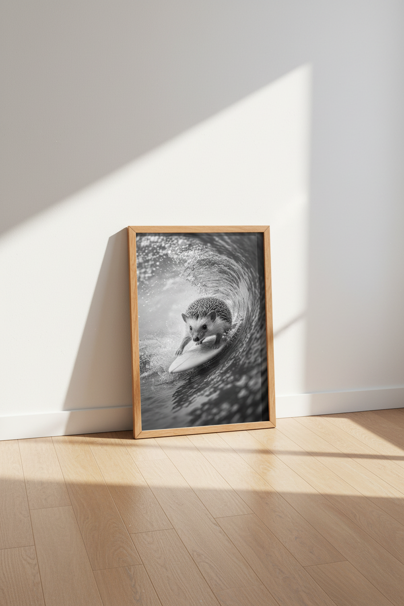 Surfing Hedgehog Wall Art | Black and White Animal Poster | Coastal Nursery Decor