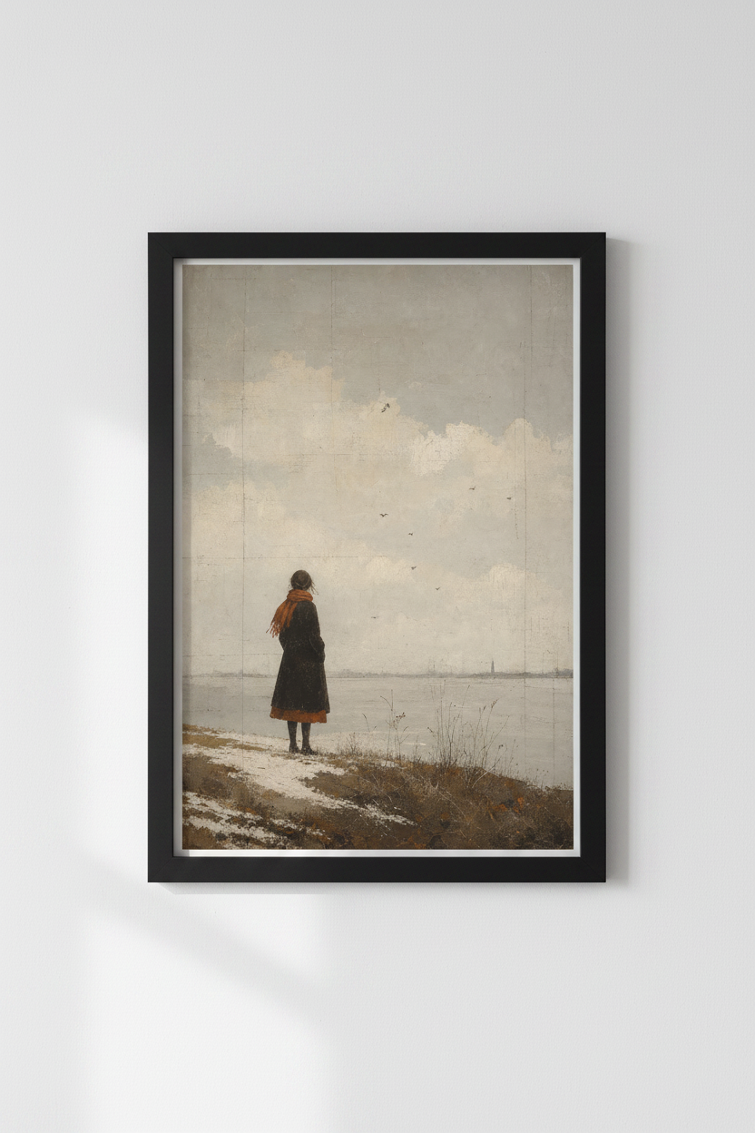 Woman by the Sea Wall Art | Moody Landscape Oil Painting | Vintage Winter Poster