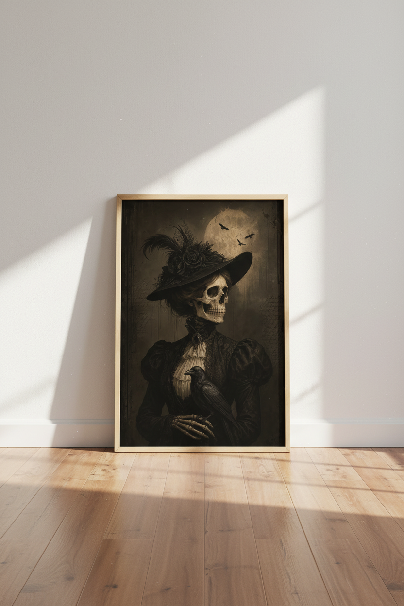 Gothic Crow Wall Art | Victorian Skeleton Lady, Dark Academia Macabre Poster