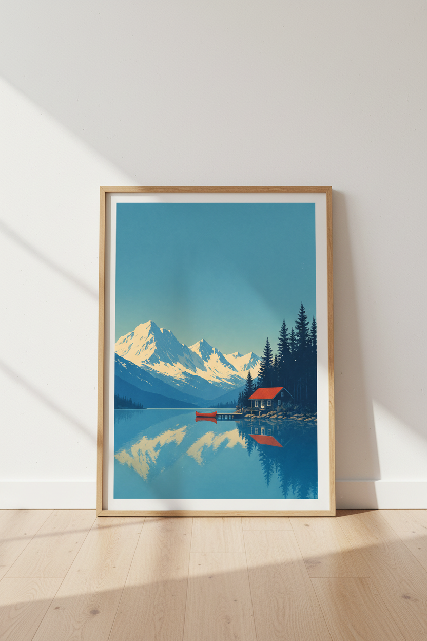 Mountain Lake Cabin Wall Art | Blue Nature Landscape | Minimalist Travel Poster