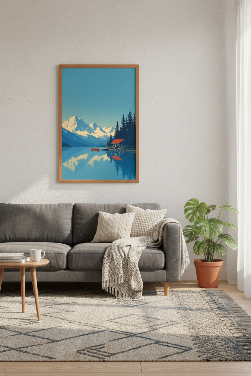 Mountain Lake Cabin Wall Art | Blue Nature Landscape | Minimalist Travel Poster