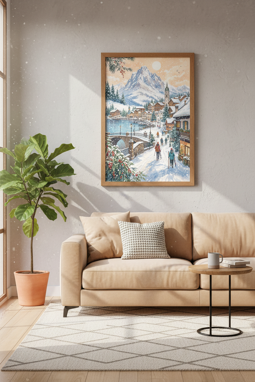 Winter Ski Village Wall Art | Watercolor Alpine Mountain Decor | Snowy Lake Poster