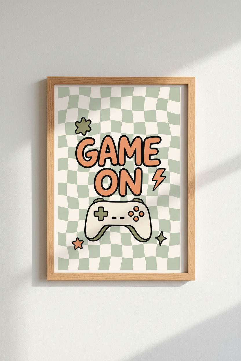 Retro Gaming Wall Art Print | Sage Green Checkered Decor | Aesthetic Gamer Poster