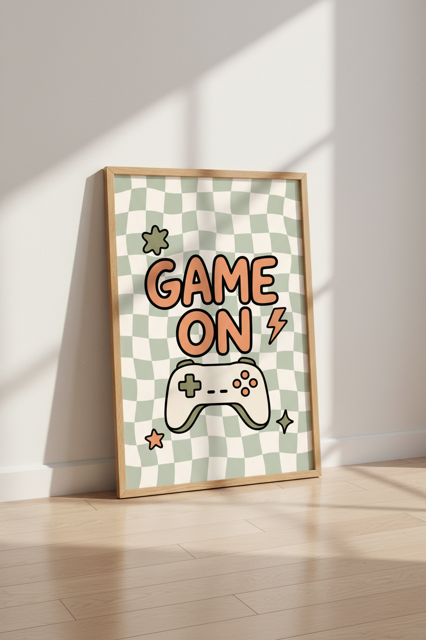 Retro Gaming Wall Art Print | Sage Green Checkered Decor | Aesthetic Gamer Poster