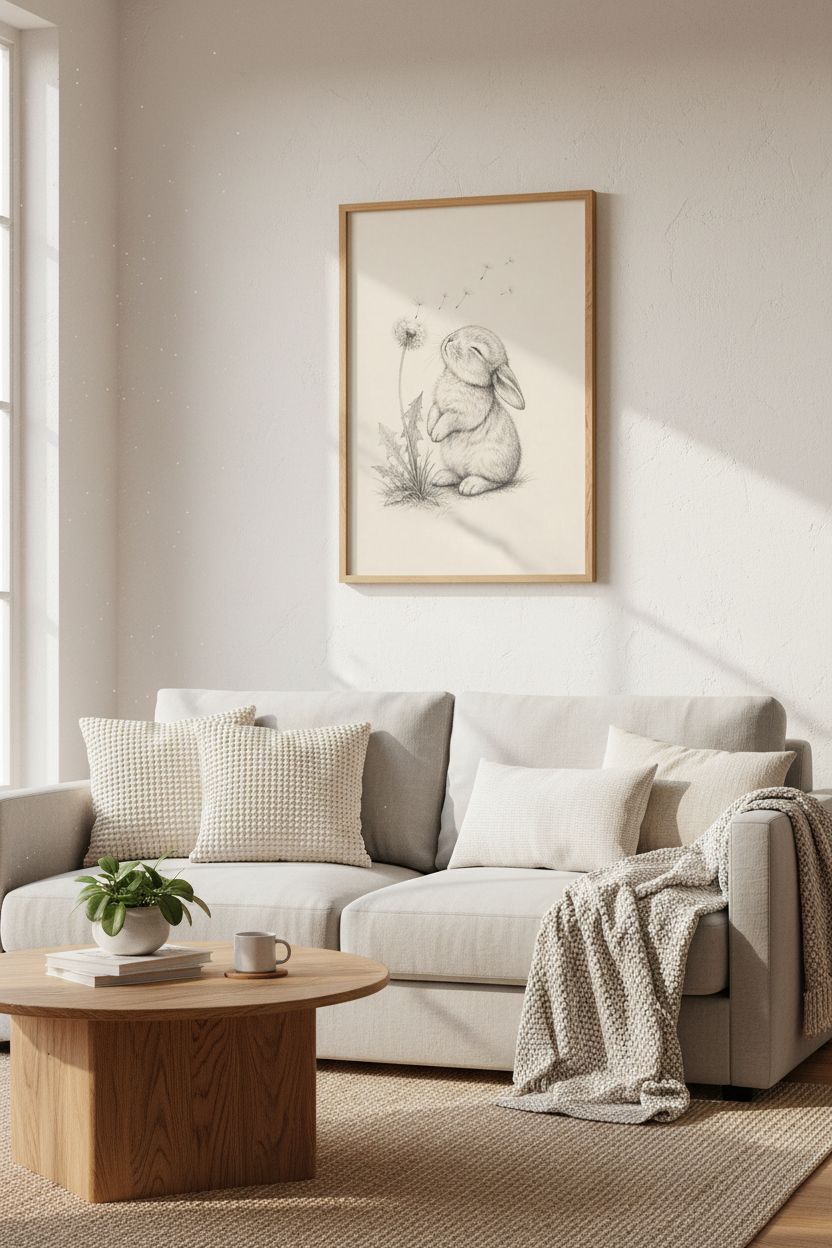 Bunny & Dandelion Wall Art | Charcoal Sketch Nursery Decor | Woodland Poster