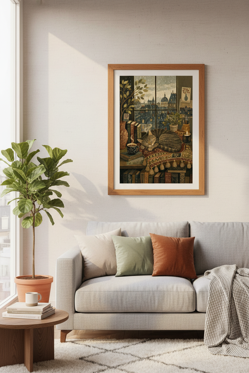 Cozy Tabby Cat & Books Wall Art | Rainy City Dark Academia Decor | Moody Poster