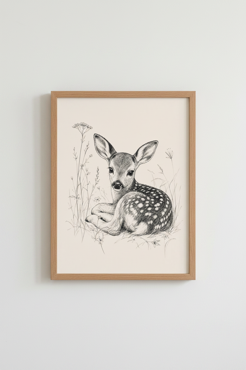 Baby Deer Sketch Wall Art | Woodland Fawn Ink Poster | Nursery Nature Decor