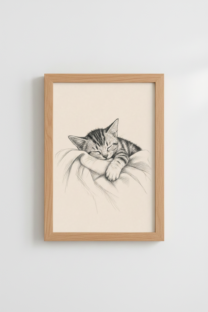 Sleeping Kitten Pencil Sketch Art | Neutral Nursery Decor | Minimalist Poster