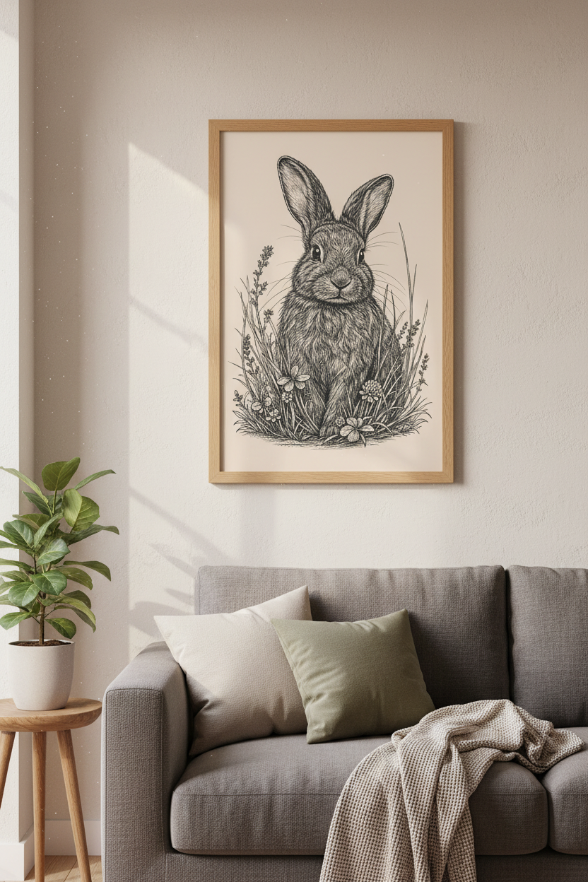Vintage Rabbit Illustration | Neutral Ink Sketch, Woodland Nursery Wall Art