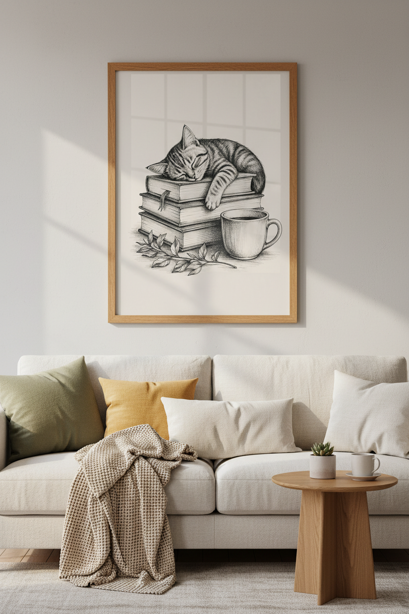 Sleeping Cat on Books Wall Art | Library Decor | Dark Academia Poster