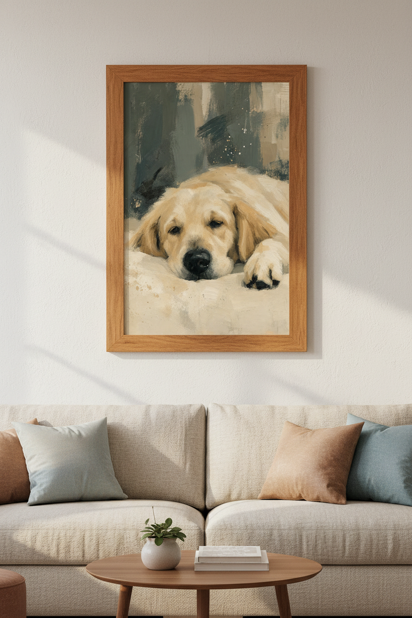 Golden Retriever Oil Painting | Cream & Gold Dog Portrait, Living Room Wall Art