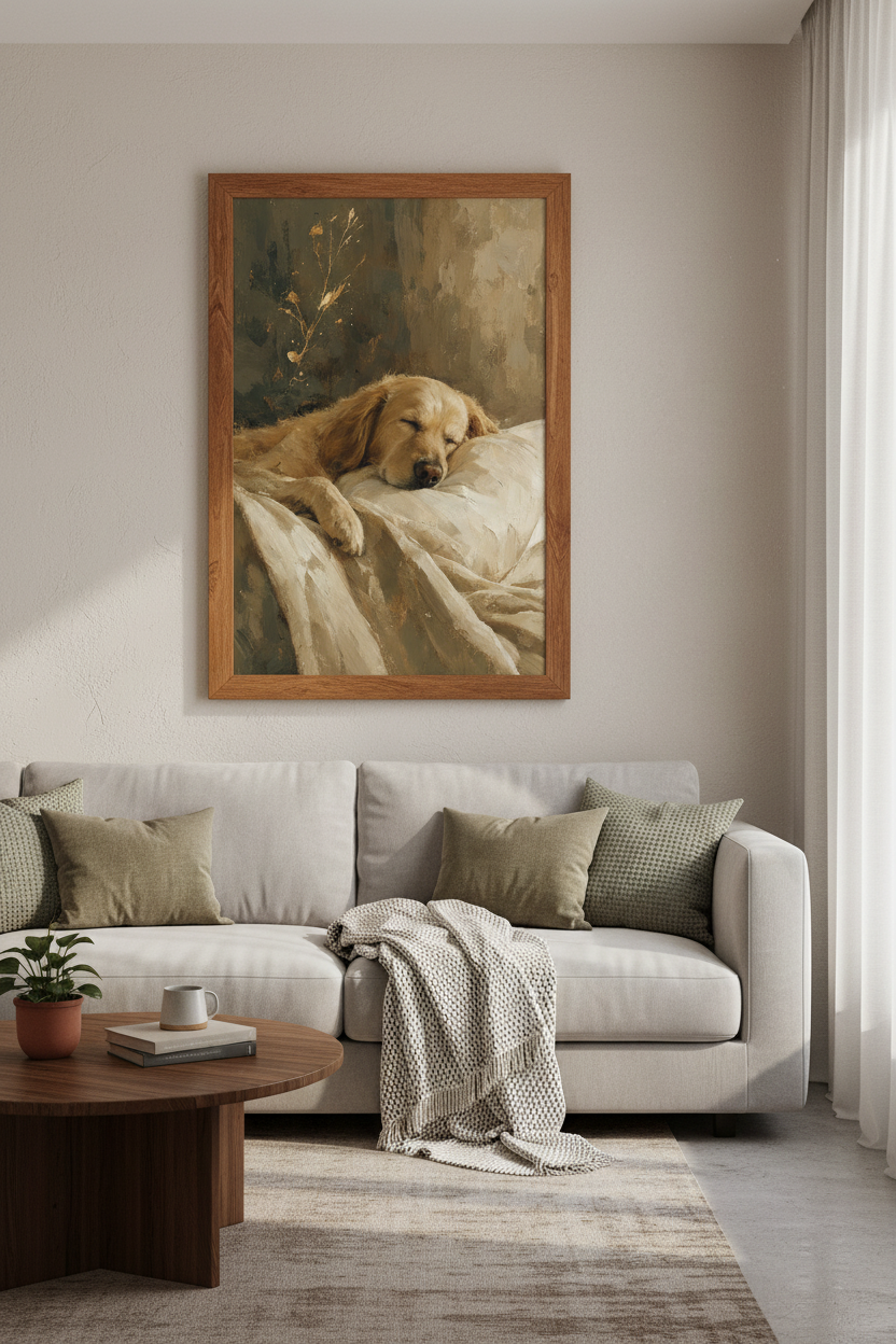 Golden Retriever Art Print | Sleeping Dog Oil Painting, Neutral Nursery Decor
