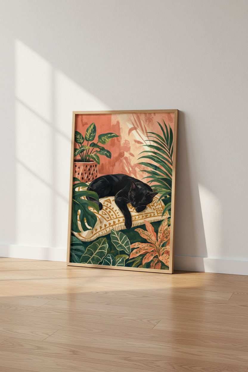 Black Cat in Jungle | Botanical Boho Wall Art Print, Terracotta Pink Bedroom Decor