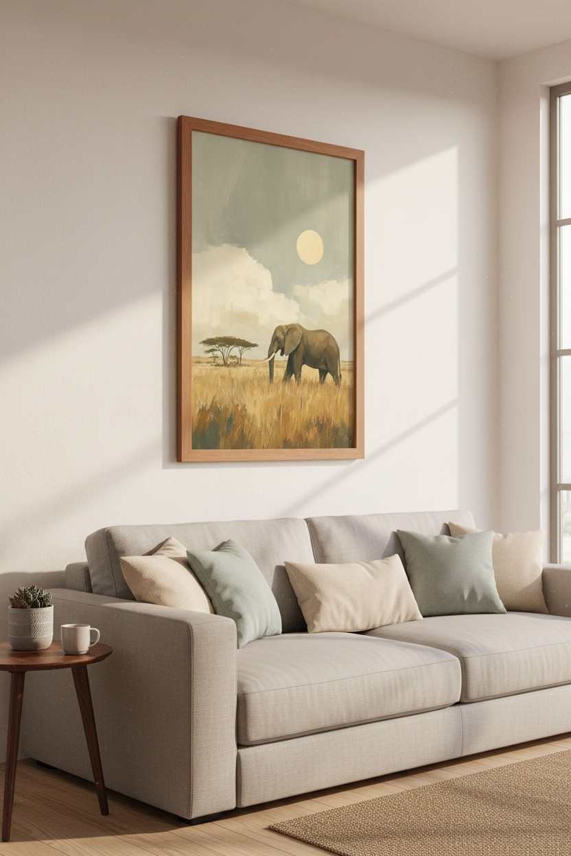 Elephant Safari Wall Art | Neutral Savanna Oil Painting, Living Room Decor