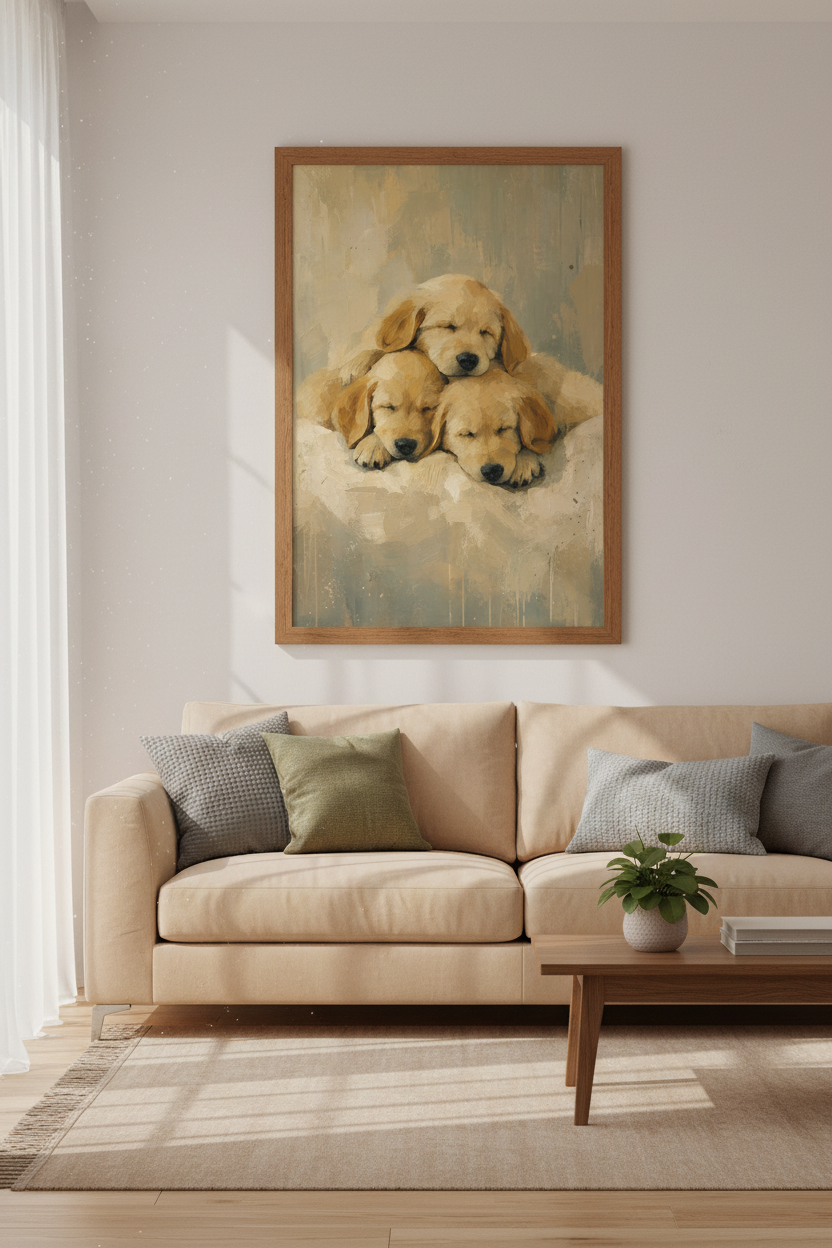Golden Retriever Puppies | Cream Oil Painting, Nursery Wall Art Poster