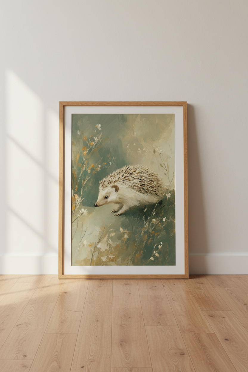 Hedgehog Oil Painting | Sage Green Woodland Animal Decor, Nursery Wall Art Print