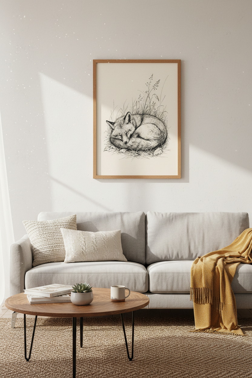 Sleeping Fox Ink Illustration | Woodland Nursery Decor | Minimalist Nature Poster