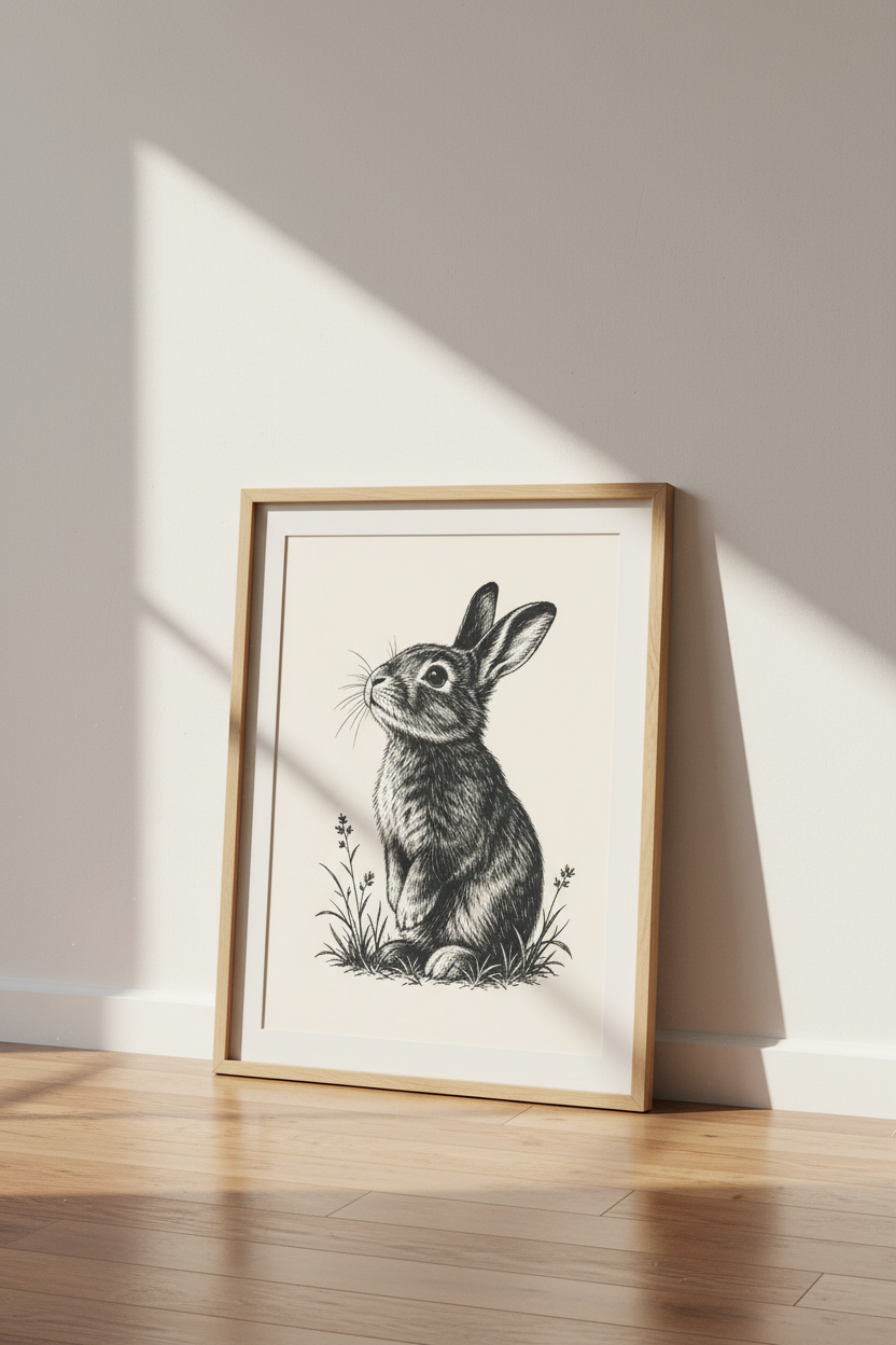 Rabbit Wall Art Print | Black and White Bunny Sketch, Nursery Nature Decor