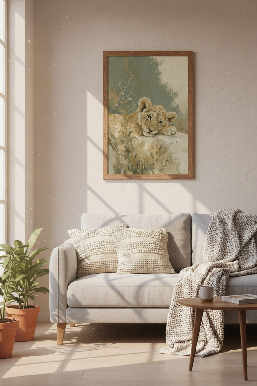 Lion Cub Oil Painting | Soft Safari Nursery Decor, Sage Green Animal Poster