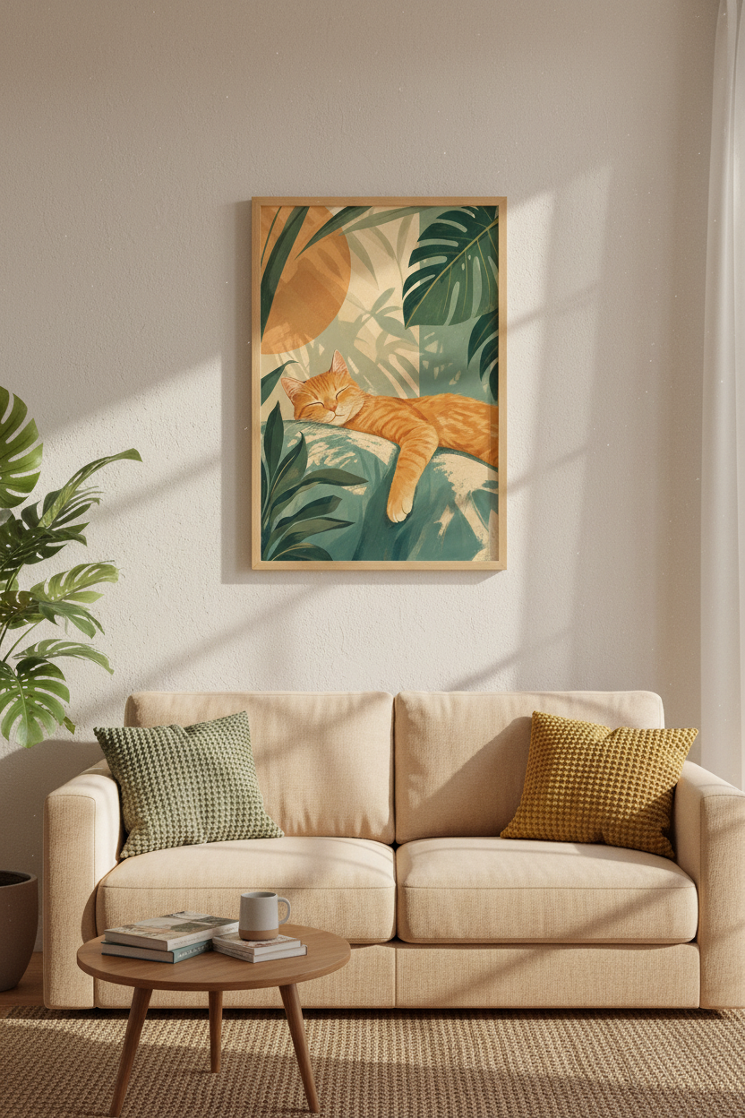 Sleeping Orange Cat | Tropical Botanical Leaves, Boho Nursery Wall Art Poster