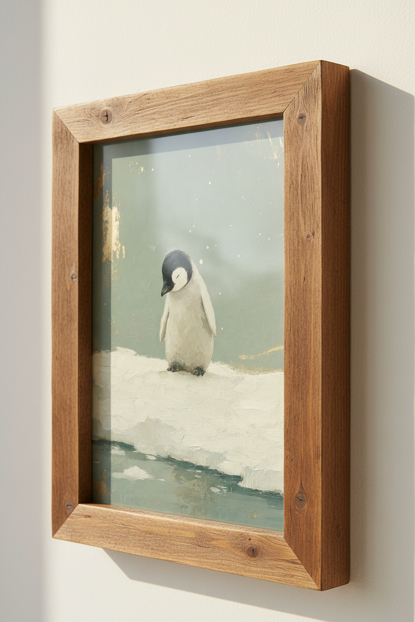 Baby Penguin Oil Painting | Sage Green & Gold Leaf Art, Modern Nursery Decor