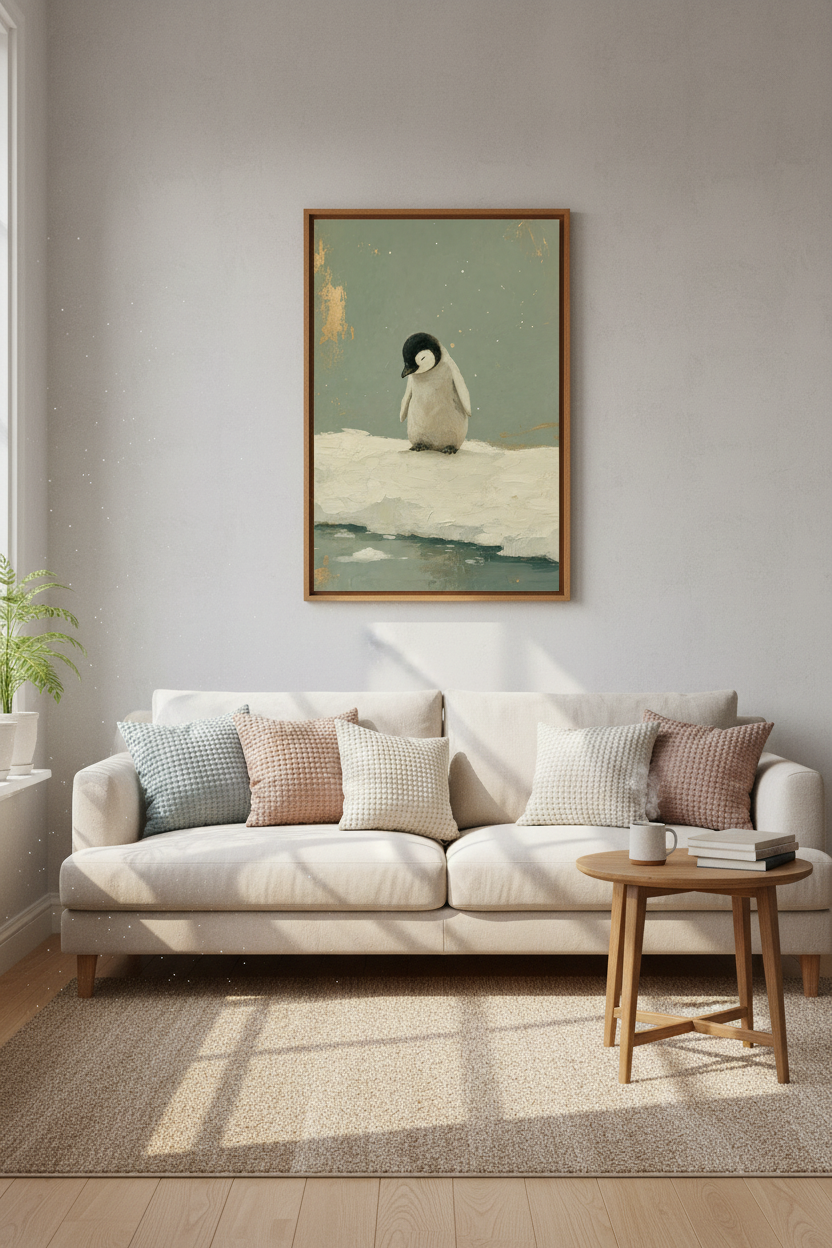 Baby Penguin Oil Painting | Sage Green & Gold Leaf Art, Modern Nursery Decor