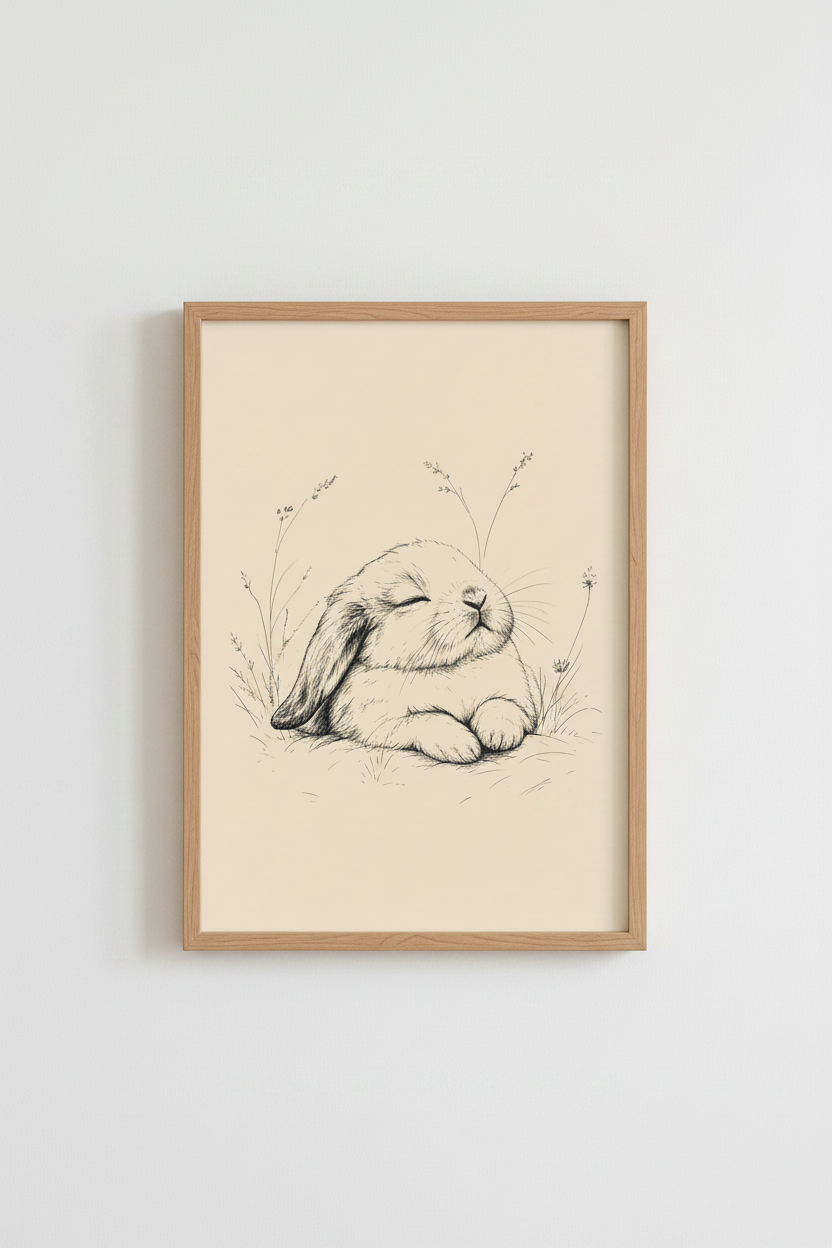 Sleeping Bunny Wall Art | Ink Sketch Rabbit Poster, Neutral Nursery Decor