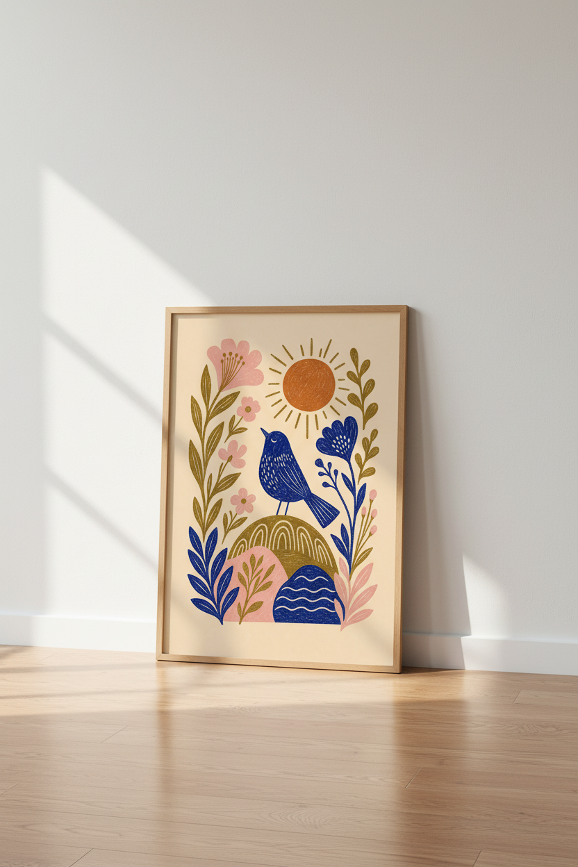 Folk Art Bird & Flowers Wall Art | Boho Nursery Decor | Whimsical Nature Poster