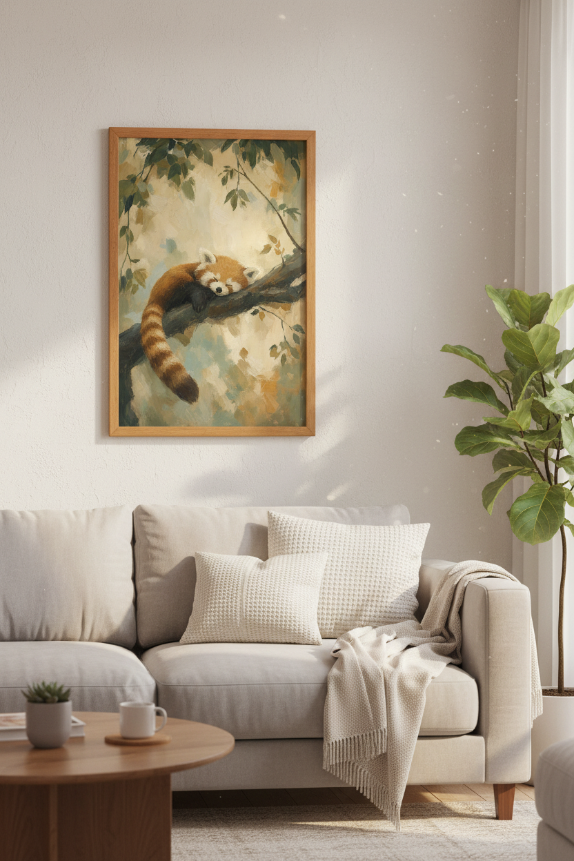 Sleeping Red Panda Oil Painting | Warm Earth Tones, Nursery & Living Room Decor