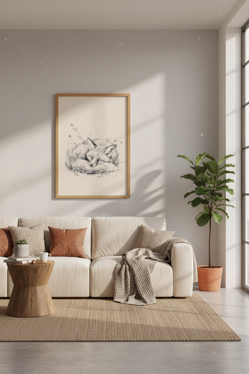 Sleeping Fox Pencil Sketch Art | Woodland Nursery Decor | Neutral Minimalist Poster