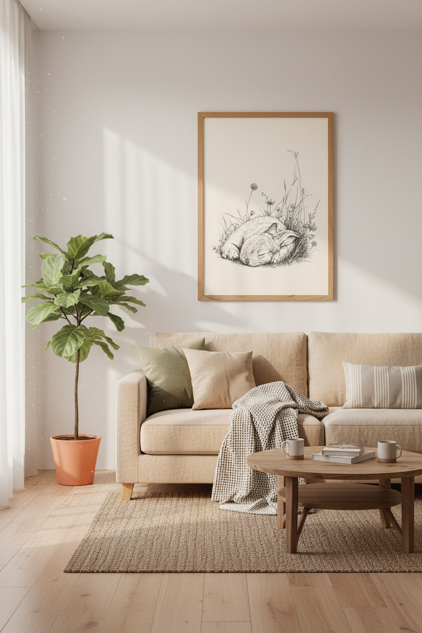 Sleeping Bunny Wall Art | Ink Sketch Rabbit Poster | Neutral Nursery Decor