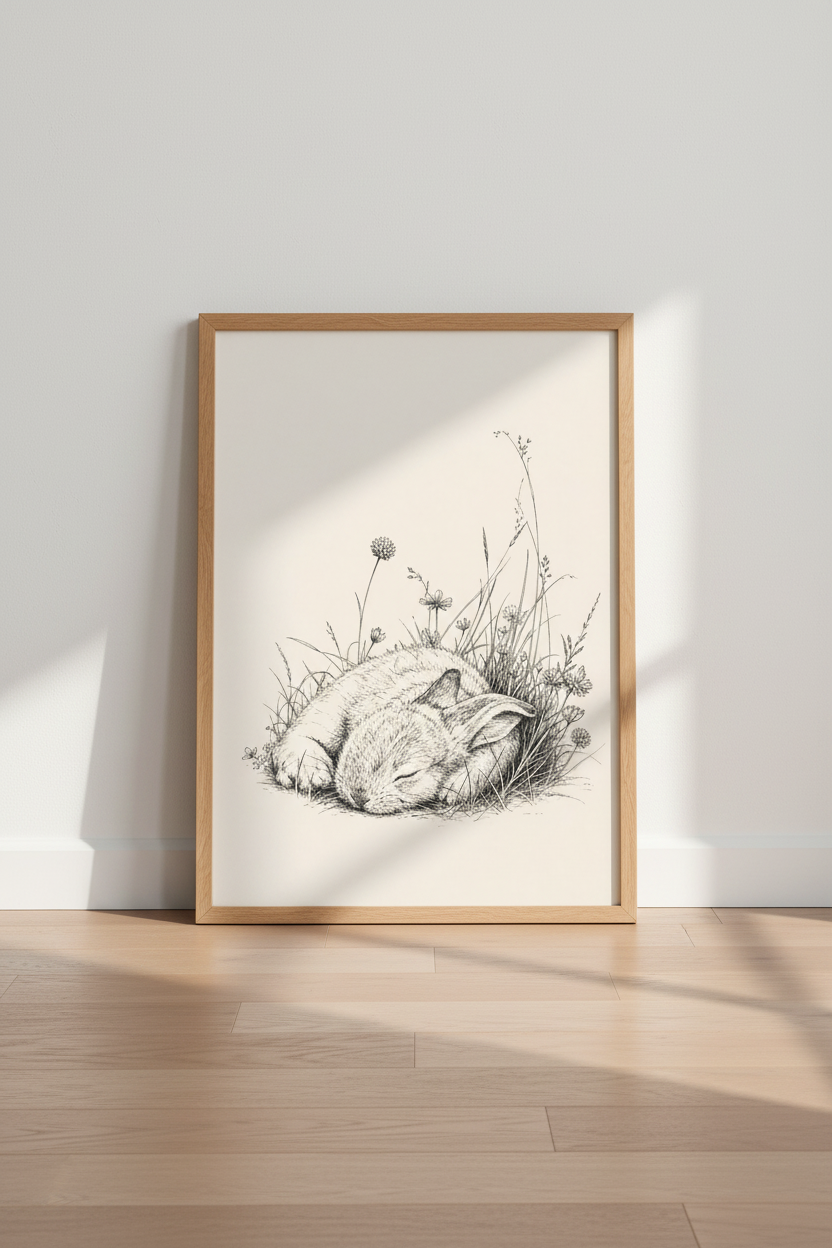Sleeping Bunny Wall Art | Ink Sketch Rabbit Poster | Neutral Nursery Decor