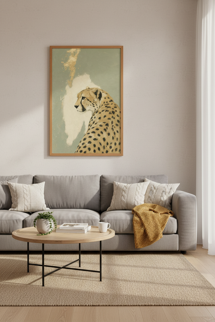 Cheetah Portrait | Sage Green & Gold Oil Painting, Safari Nursery Wall Art