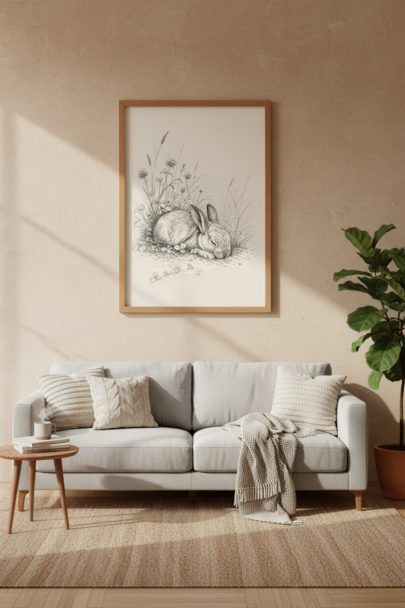 Sleeping Bunny Sketch | Vintage Ink Illustration Rabbit, Nursery Nature Wall Art