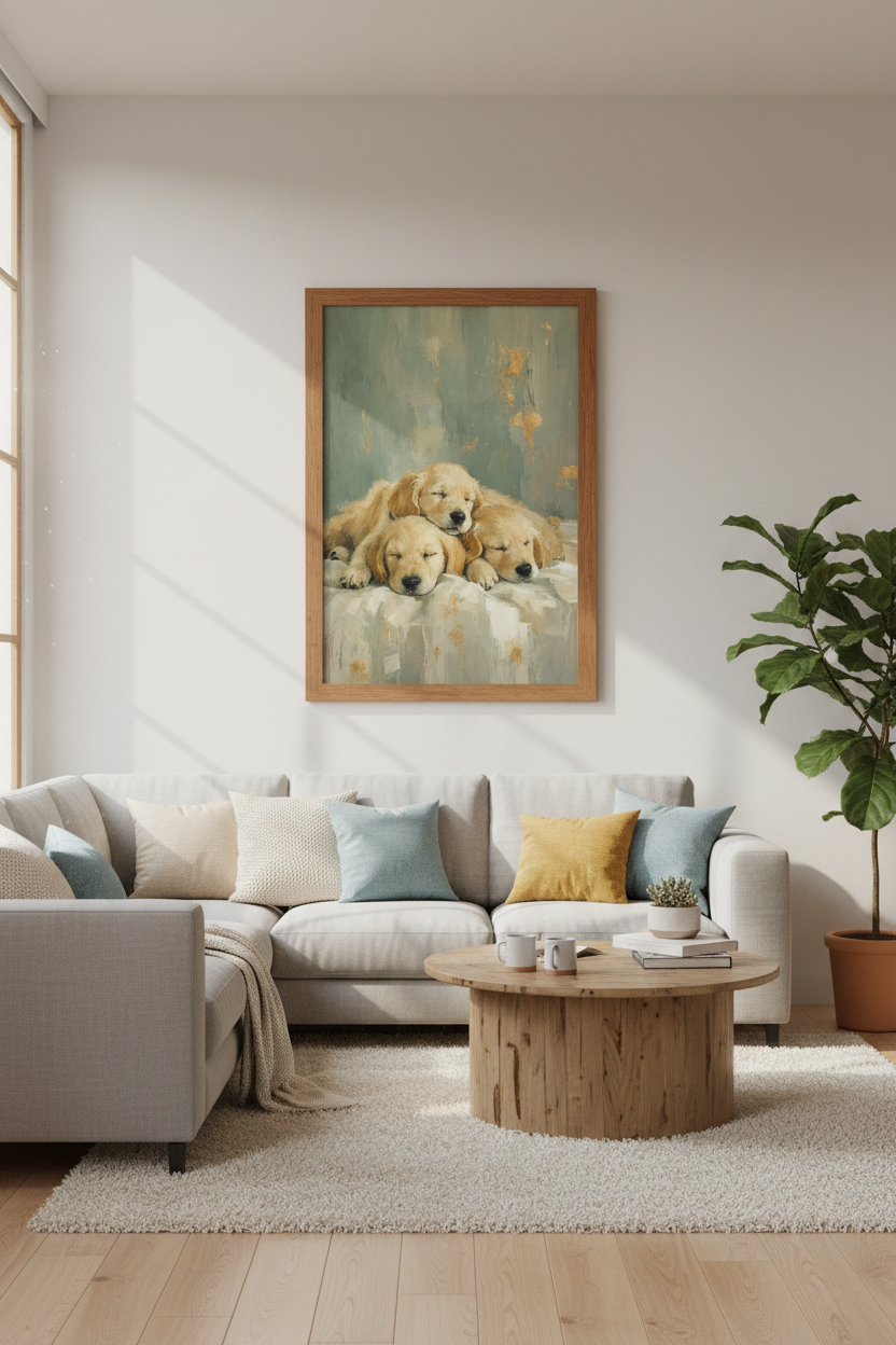 Sleeping Golden Retriever Puppies | Sage Green & Gold Oil Painting, Nursery Wall Art