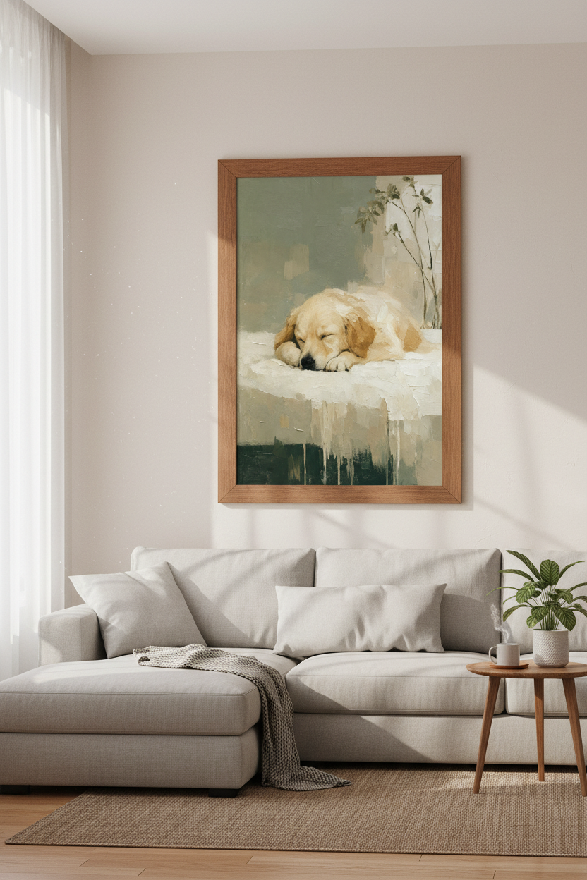 Golden Retriever Oil Painting Print | Sleeping Dog Nursery Wall Art | Sage Green Poster